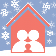 Silhouettes of a family in a house with snow coming down outside