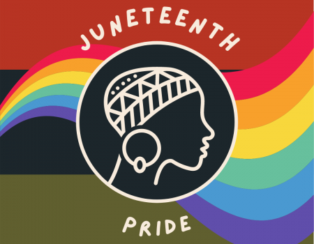 Image with red, black, and green horizontal stripes overlaid with pride rainbow, image of woman's profile with headwrap and big earrings, text saying "Juneteenth" and "Pride"